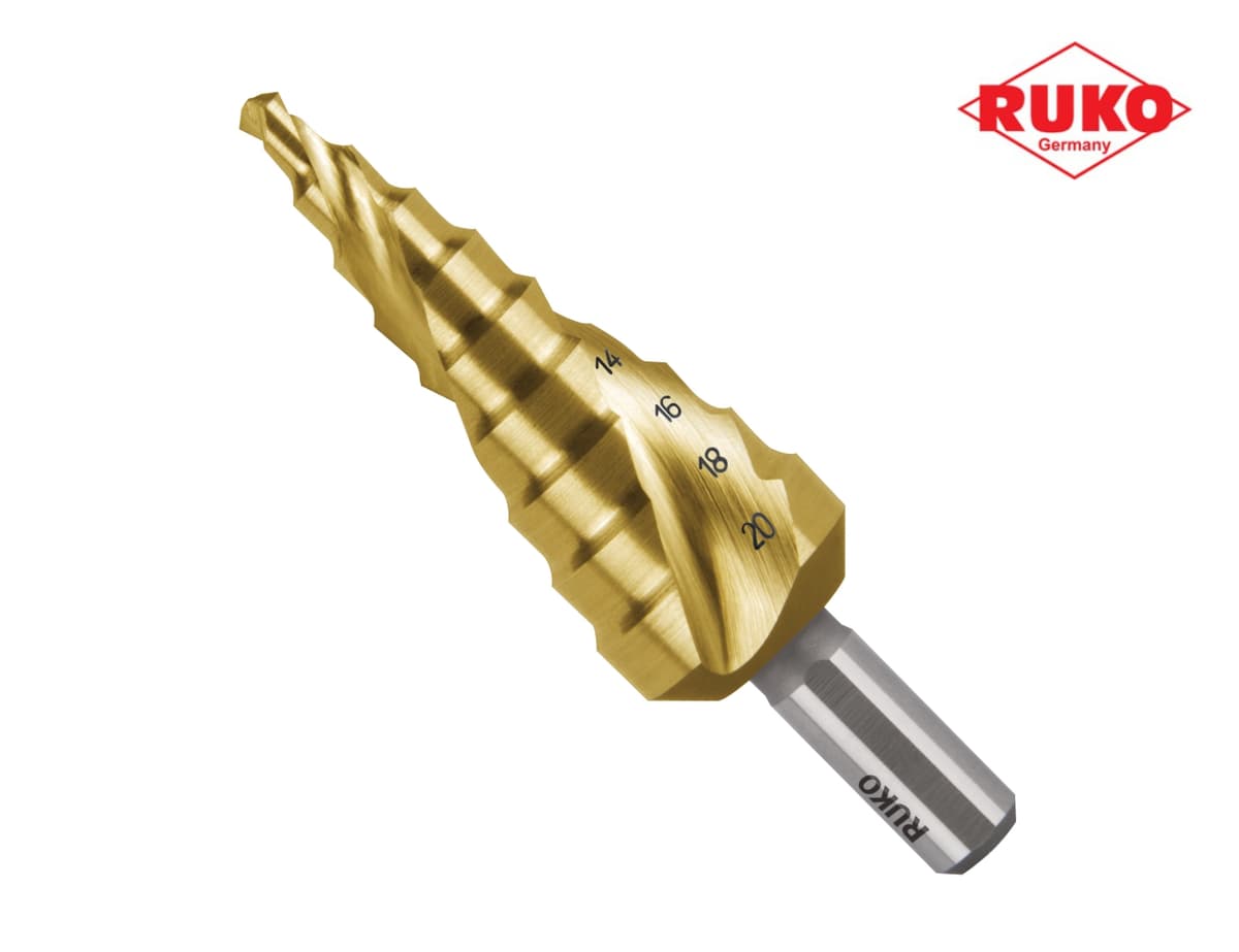 Сверло ступенчатое по металлу RUKO HSS-G TiN 4,0-20,0 мм 9 ступ. L=75 мм d=8 мм 101051T