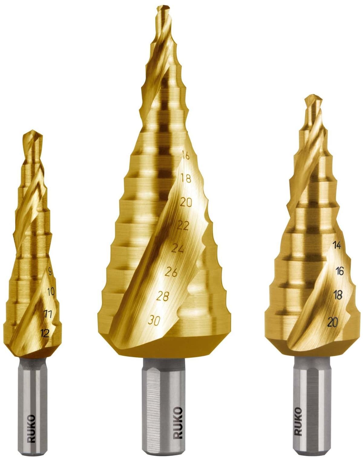Набор ступенчатых сверл RUKO NextGeneration HSS-G TiN 4-12/4-20/4-30 мм 3 шт 101026TRK