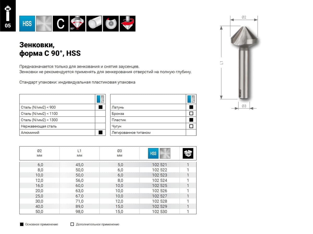 Зенковка RUKO ц/х 90° 8,0 мм HSS-G 1z L50 мм Ø6 мм M4(AF) 102522