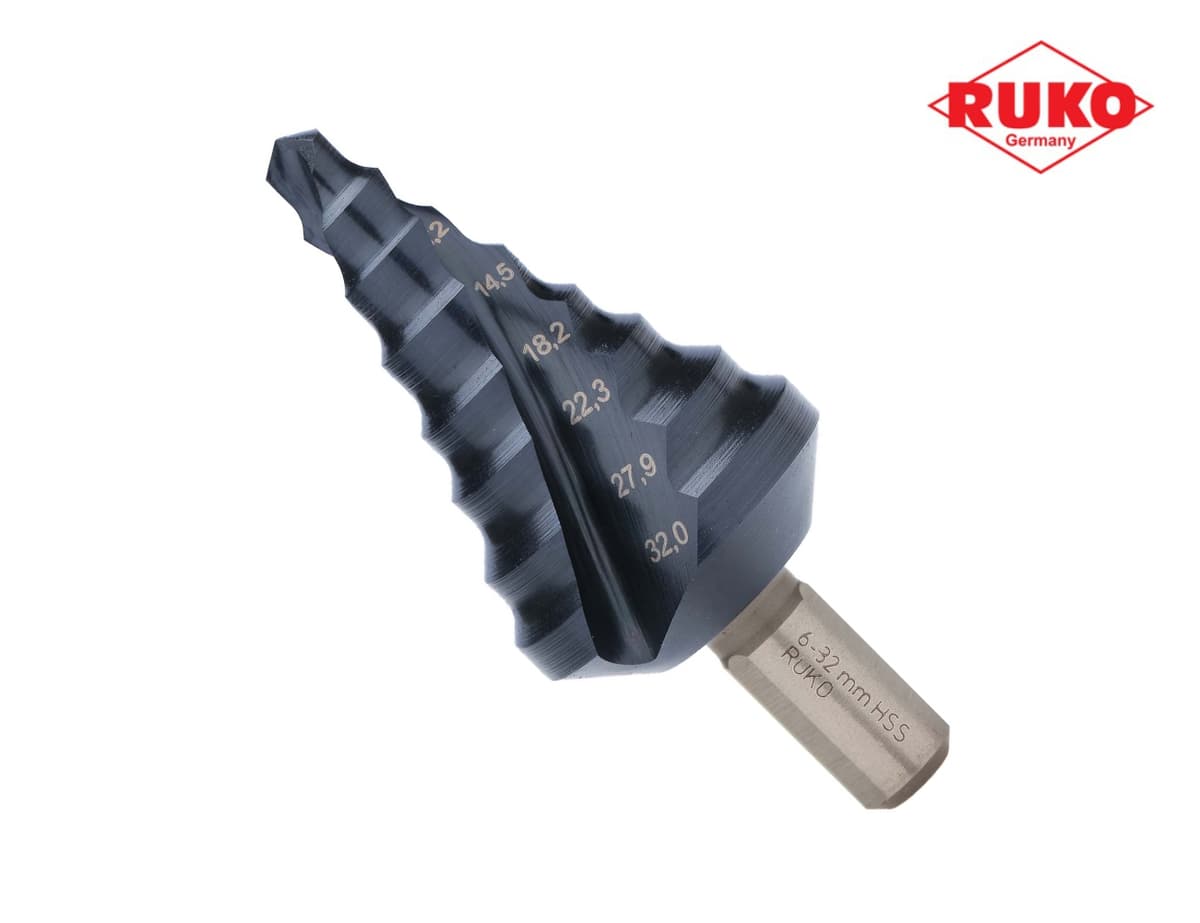 Сверло ступенчатое по металлу RUKO HSS-G TiALN 6,0-32,0 мм 8 ступ. L=75 мм d=10 мм 101057F