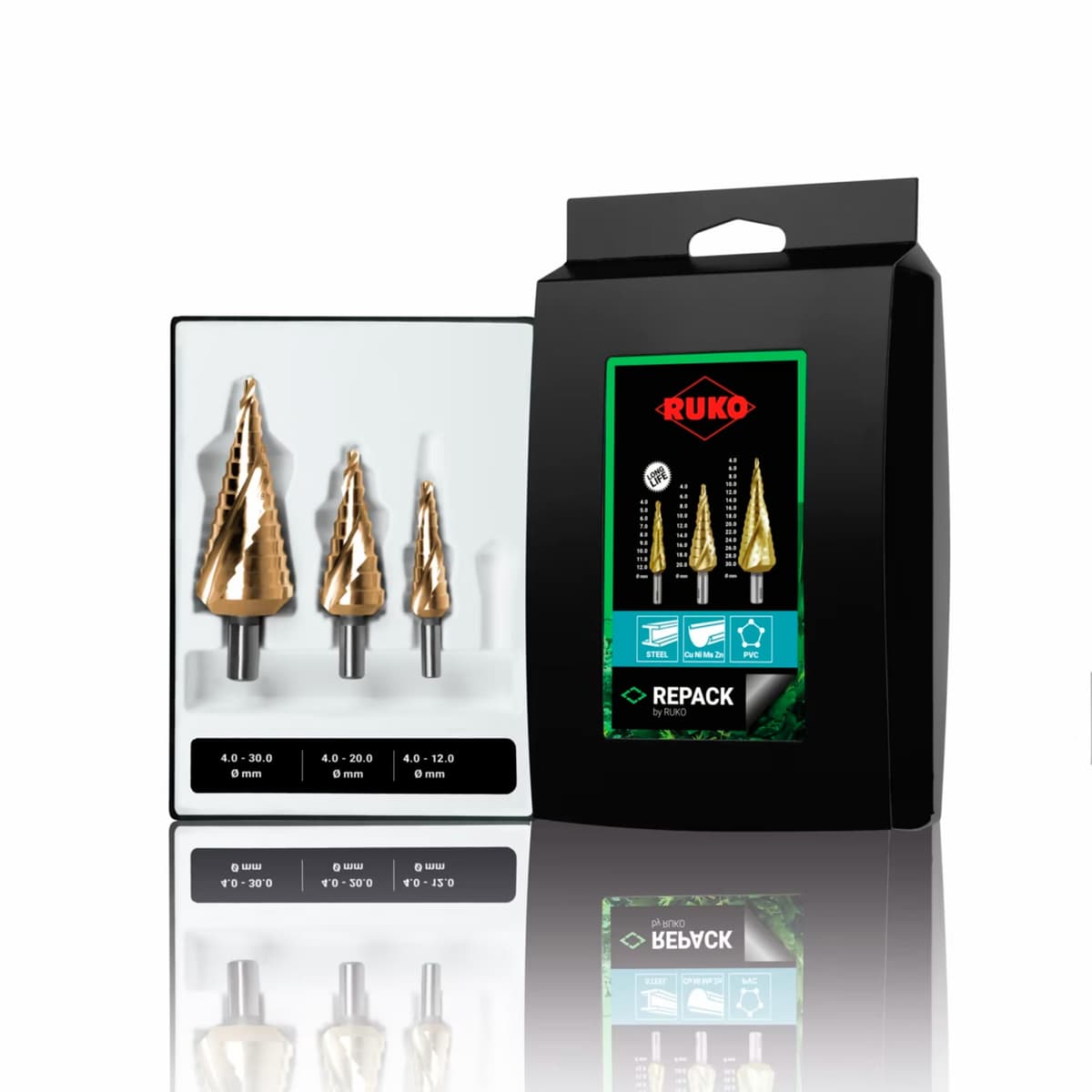 Набор ступенчатых сверл RUKO NextGeneration HSS-G TiN 4-12/4-20/4-30 мм 3 шт 101026TRK