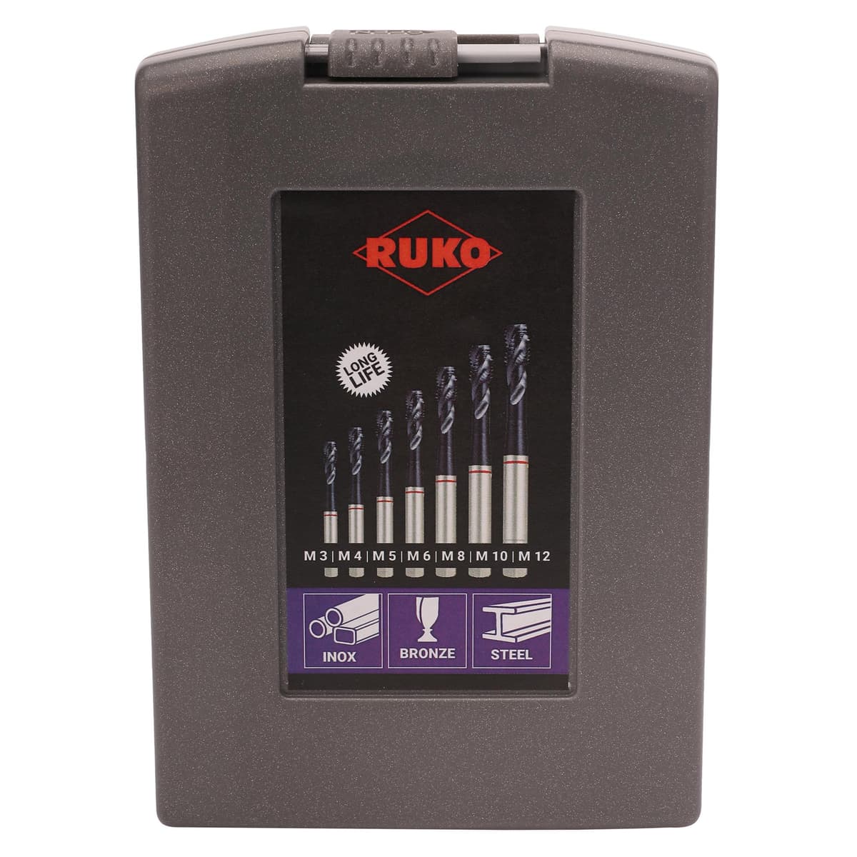 Набор винтовых машинных метчиков RUKO 7 предметов M3-M12 HSSE-TiALN DIN371/376 245069RO