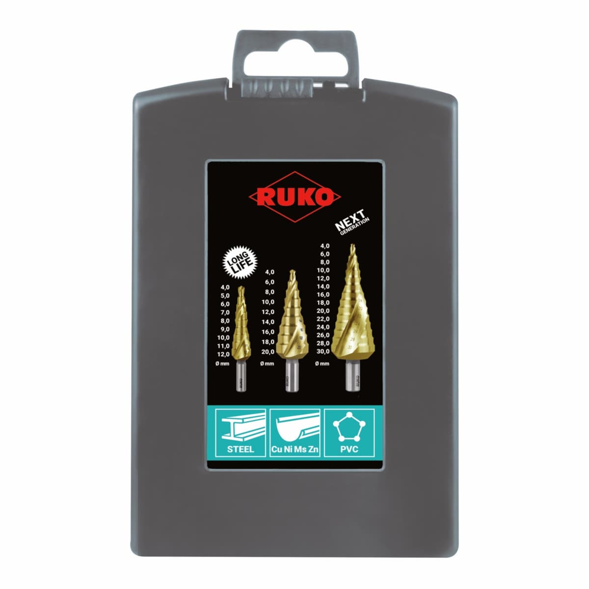 Набор ступенчатых сверл RUKO NextGeneration HSS-G TiN 4-12/4-20/4-30 мм 3 шт 101026TRO