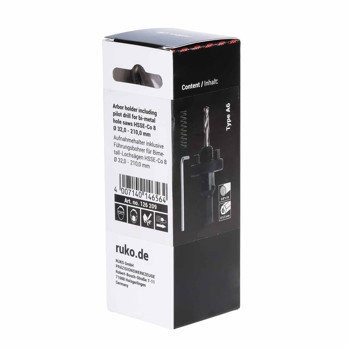 Переходник (хвостовик) RUKO для Bi-Metall коронок A6 32-210 мм HSSE-Co5 HEX=9,5 мм 126209
