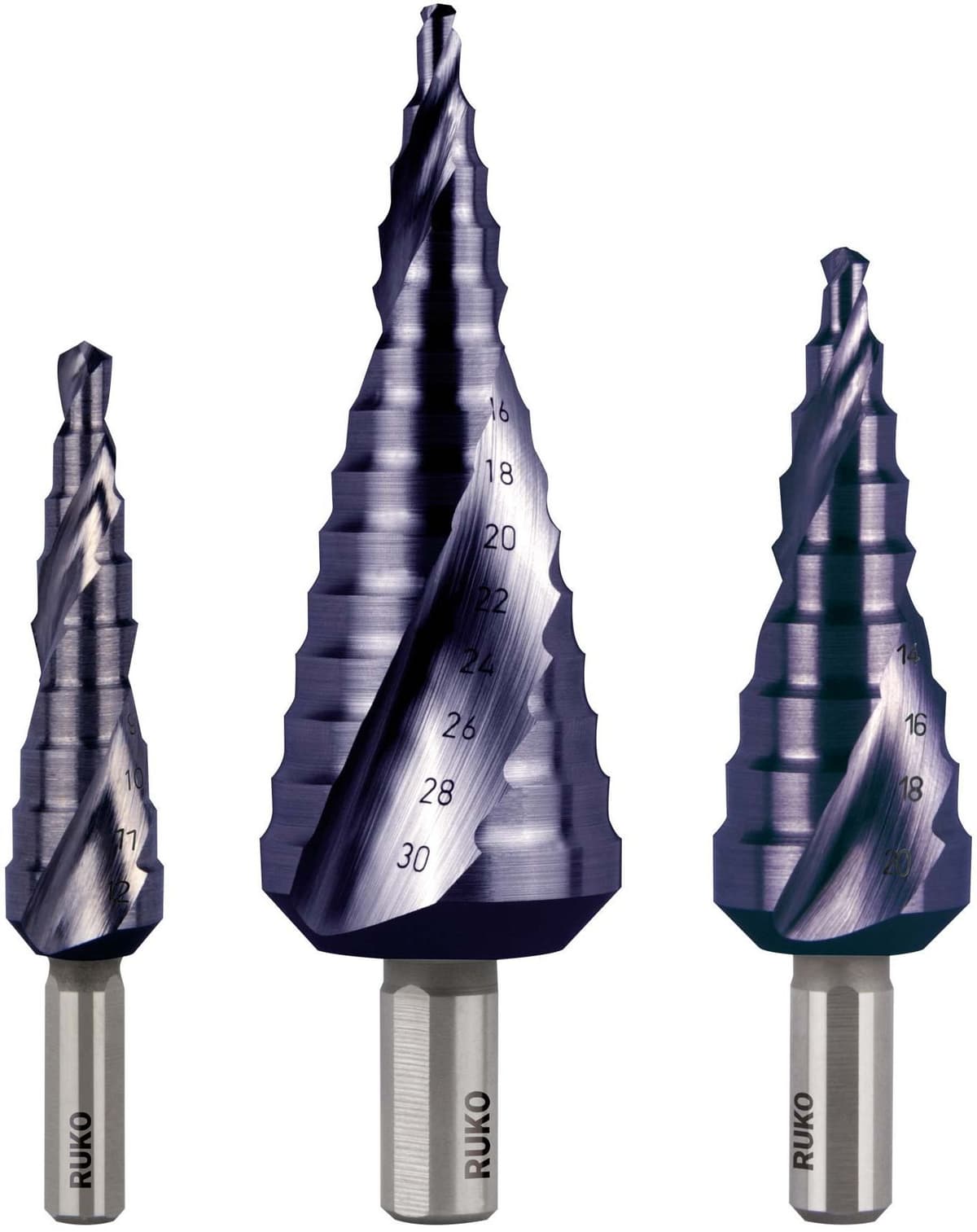 Набор ступенчатых сверл RUKO NextGeneration HSS-G TiALN 4-12/4-20/4-30 мм 3 шт 101026FRK