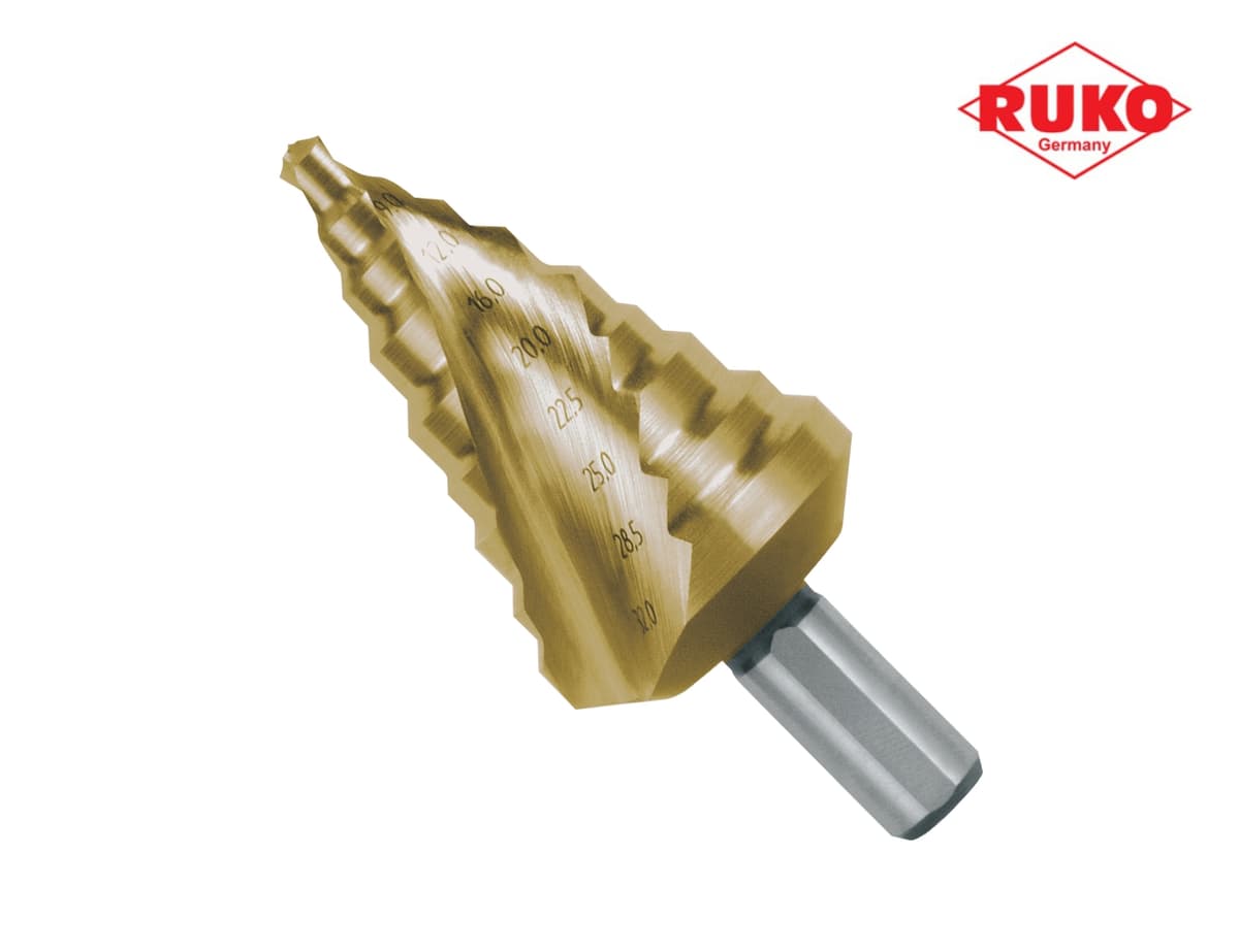 Сверло ступенчатое по металлу RUKO HSS-G TiN 6,0-32,0 мм 9 ступ. L=76 мм d=9 мм 101096T