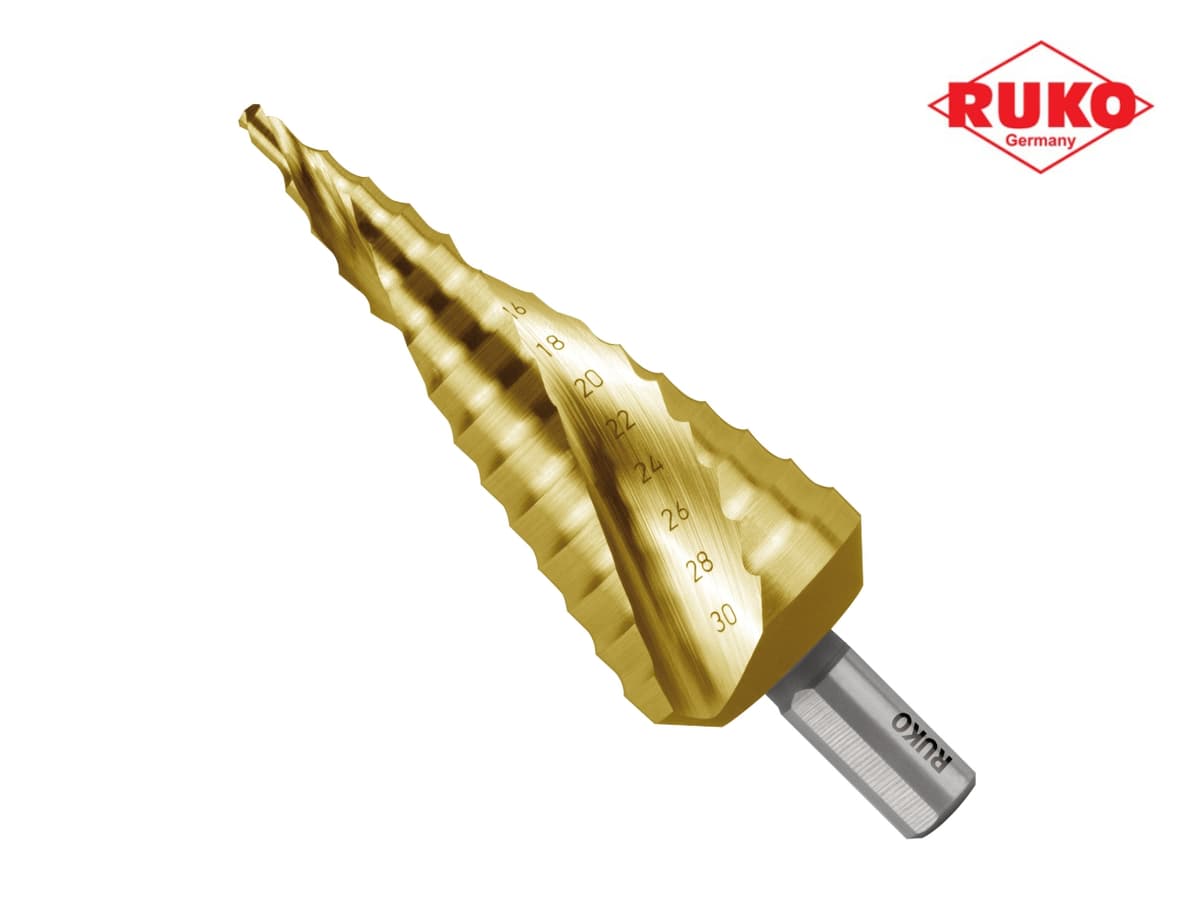 Сверло ступенчатое по металлу RUKO HSS-G TiN 4,0-30,0 мм 14 ступ. L=100 мм d=10 мм 101052T