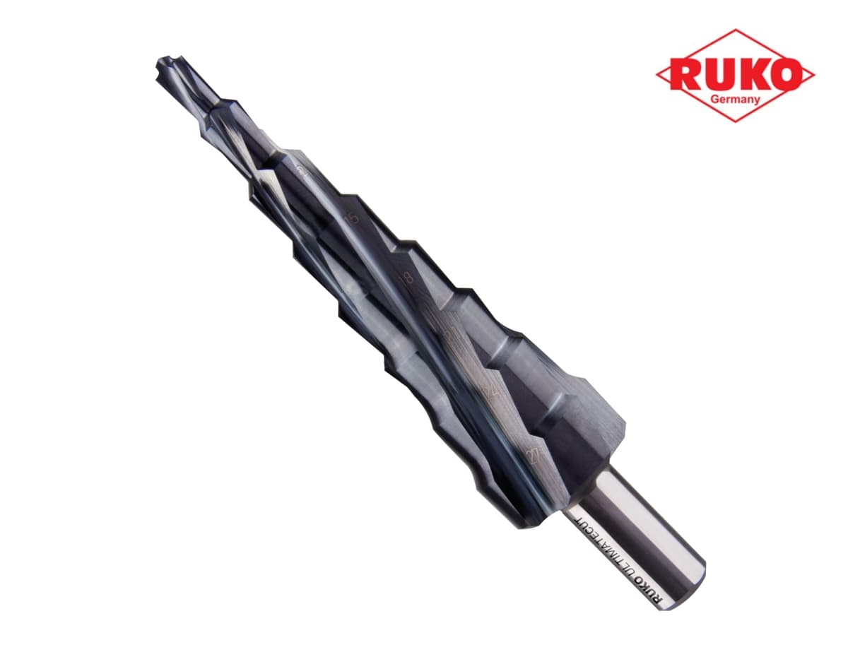 Сверло ступенчатое по металлу RUKO UltimateCUT HSS-G RUnaTEC 6,0-27,0 мм 4 зуба 8 ступ. L=125 мм d=12 мм 101084P
