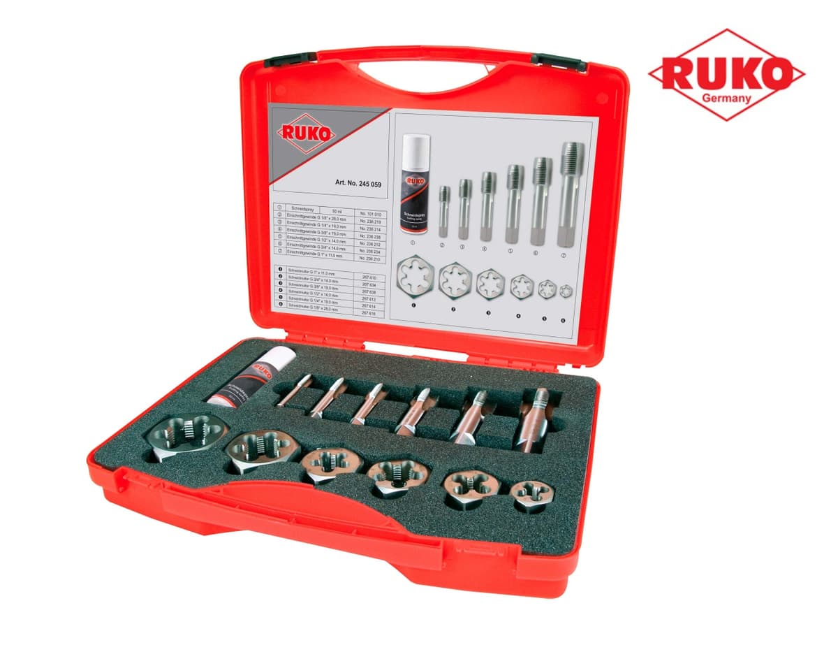 Набор метчиков и плашек RUKO 13 предметов G(BSP) 1/8"-1,0" HSS 245059